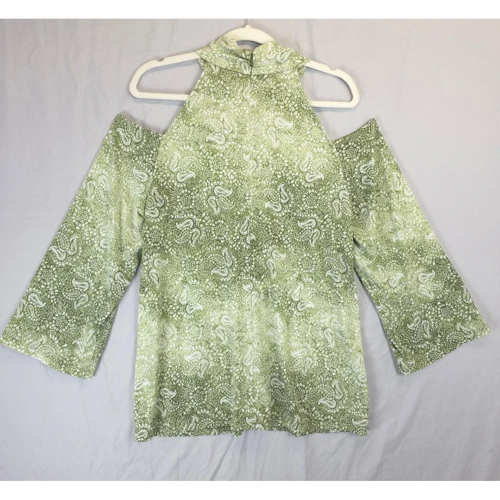 Michael Kors Cold Shoulder Paisley Neck Zipper Halter Top Blouse Army Green L‎